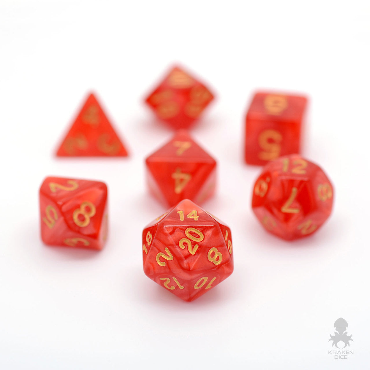 Red Pearl 7pc Dice Set inked in Gold